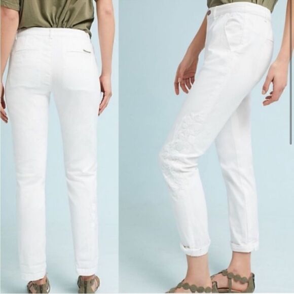 NWT ANTHROPOLOGIE CHINO Pants White Cotton Stretch Embroidered Leg Size 31P - Picture 2 of 10